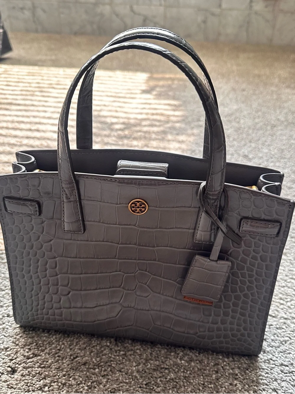 Tory Burch Gray Croc-Embossed Satchel with Gold Logo, missing long strap